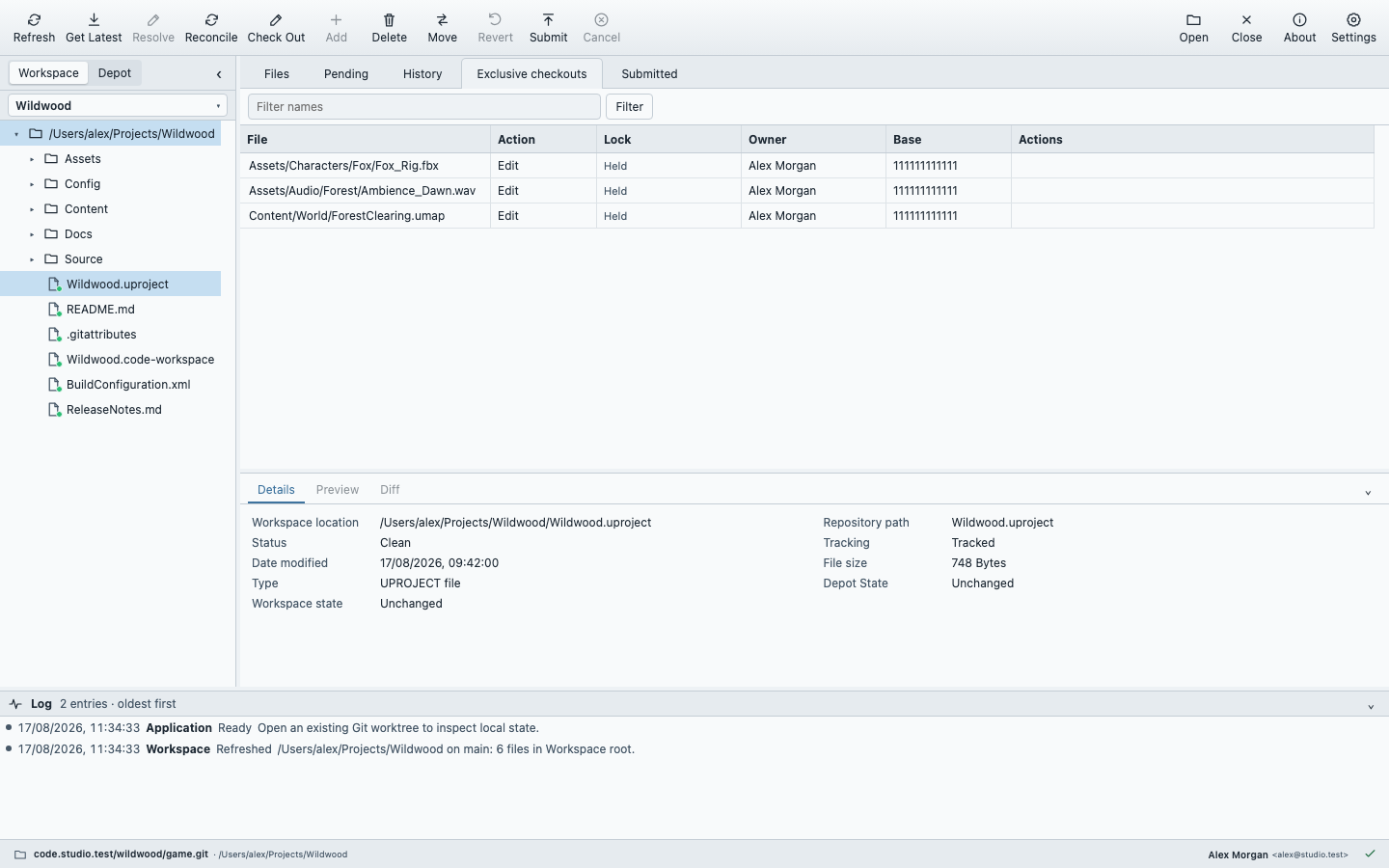 Depot Desk exclusive checkouts view showing editable files in the Wildwood project