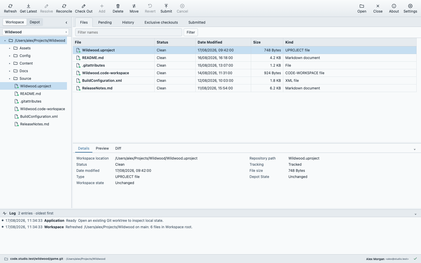 Depot Desk showing a populated Wildwood game repository with familiar workspace folders, file status and details